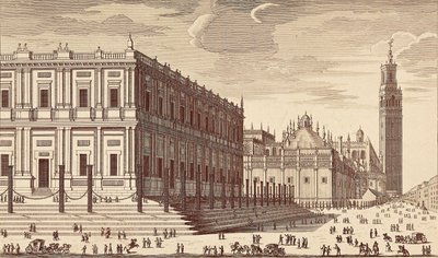 Lonja de Comercio ("Kereskedelmi épület") és a sevillai katedrális részleges kilátása. Metszet. SPANYOLORSZÁG. MADRID (AUTONÓM KÖZÖSSÉG). Madrid. Nemzeti Könyvtár alkotó: Unbekannter Künstler