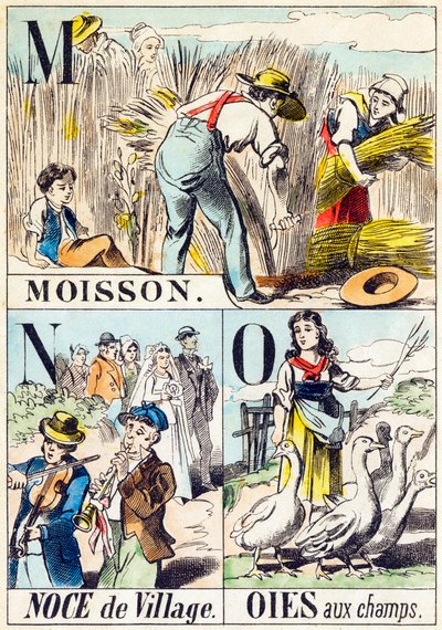 M N O : Moisson, Noce de village, Oies aux champs - "A farm ábécéje" 19. század vége (metszet) alkotó: Unbekannt