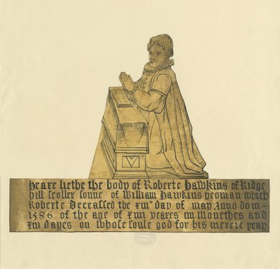 Madeley-templom – Robert Hawkins emlékműve: akvarell- és tusfestmény, nd [?19. század] alkotó: Unbekannt