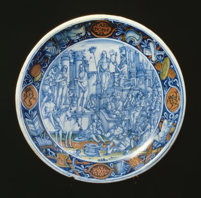 Maiolica tányér Diana, a Hold istennője allegóriájával díszítve, olasz (kerámia) alkotó: Unbekannt