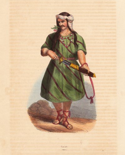 A karen törzs embere (Karene vagy Karyang) (Burma, Mianmar) - A dél-burmai karen (Karian) törzs embere - Kézzel színezett fametszet Auguste Wahlen, Jean Francois Nicol álnevének "Mores, Uses et Costumes de tous les Peoples du Monde, Asia" című művéből. alkotó: Unbekannter Künstler
