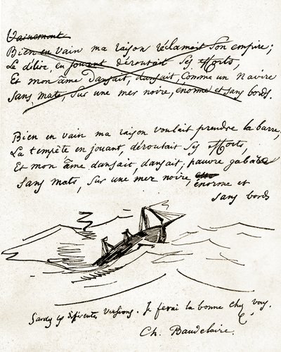 Charles Baudelaire kézirata, csónak rajzával illusztrálva alkotó: Unbekannter Künstler