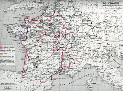 Franciaország térképe VII. Károly király idején és az angolok kiűzése után 1422 és 1461 között (Franciaország térképe VII. Károly király idején) Tábla Houze "Atlas Universel" című művéből. alkotó: Unbekannter Künstler
