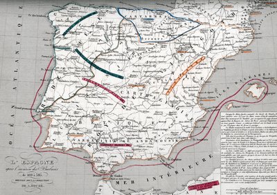 Spanyolország térképe a germán Hispánia idején, 409-585 (Map of Spain at the times of Germanic Hispania) Metszet Houze "Atlas Universel" című művéből. alkotó: Unbekannter Künstler