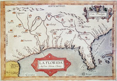 "Florida" feltérképezése. Láthatjuk a Ráktérséget, a Bahamákat és a Tortugas-szigeteket. Abraham Ortelius (1527-1598) térképész "Teatrum Orbis Terrarum" című művében. alkotó: Unbekannter Künstler