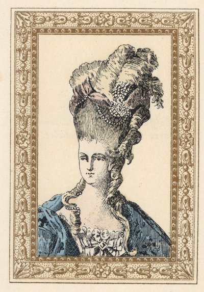 Marie Antoinette, XVI. Lajos francia király felesége, díszes, szalagokkal és gyöngyökkel koronázott frizurában. alkotó: Unbekannter Künstler