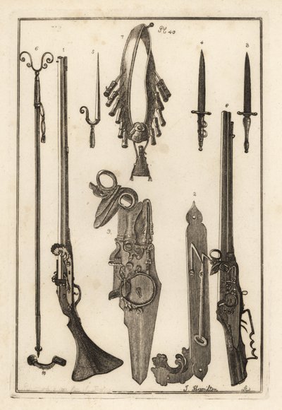 Matchlock muskéta, zár és szurony a Tower of Londonból 1-3, szurony 4, muskétatámasz és szurony 5, muskétatámasz 6, páncélosok és poros palack 7, kerékzár 8, 9 és villáskulcs 10 alkotó: Unbekannt