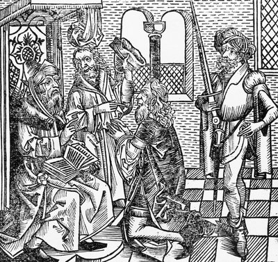 Mohammed az udvarban, német fametszet, a Nürnbergi Krónikából (Liber Chronicarum), Hartmann Schedel alkotó: William M. Timlin