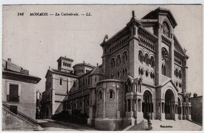 Monaco: a Cathedrale Notre-Dame Immaculee külső képe (Notre-Dame-Immaculee) - Képeslap, 19. század vége-XX. század alkotó: William M. Timlin