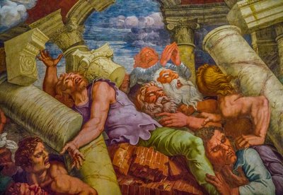 A manierizmus leghíresebb freskója: Giulio Romano illúziója feltalál egy kupolát, és feloldja a szoba építészetét az óriások bukásában, az Óriások csarnokában alkotó: Unbekannter Künstler