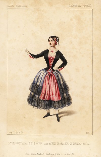Elisabeth Augustine Bressant asszony mint Nini Pompon a Lockroy és Wailly által rendezett Les Deux Compagnons du Tour de France című darabban, Theatre des Varietes alkotó: Unbekannter Künstler