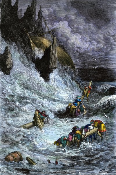 Mítoszok és legendák: Szindbád (Sindbad) és társai az 1001 éjszaka (ezeregy éjszaka) után. Gustave Dore színes metszete. alkotó: Unbekannter Künstler