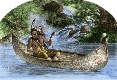 Amerika őslakosai: indiánok. Hiawatha halászik egy kenuban. Színes metszet a 19. századból. alkotó: Unbekannter Künstler