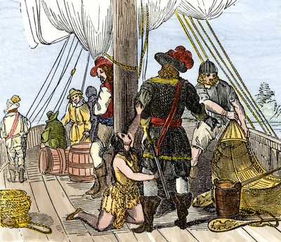 Amerika őslakosai: indiánok. Pocahontas, akit Jamestown egyik hajójának fedélzetén fogtak el. Színes metszet a 19. századból. alkotó: Unbekannter Künstler
