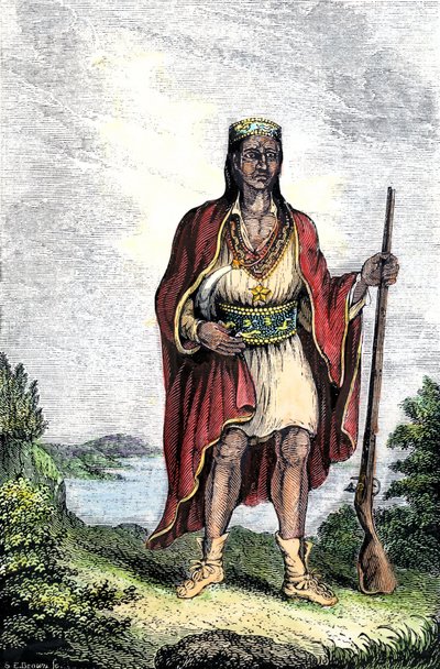 Amerika őslakossága: Az Egyesült Államok indiánjai. Metacomet (1639-1676 körül), más néven Fülöp király vagy Metacom, a wampanoagok főnöke (Massachusetts, Új-Anglia). Színes metszet. alkotó: Unbekannter Künstler