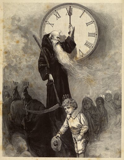 Újévi allegória 1889 ábrázoló régi boltíves, szimbolizálja a régi év, átadja helyét egy mosolygó kisfiú szimbolizálja az új évet. Az idő egy óra mutatóit forgatva nézi a jelenetet. 19. századi metszet alkotó: Unbekannter Künstler