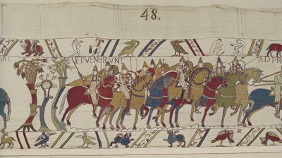 A Hastingst elhagyó normann katonák Harolddal harcolni, Bayeux Tapestry (gyapjú hímzés vászonon) alkotó: Unbekannt