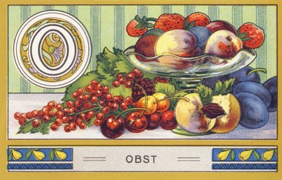 O : Gyümölcs - Palmin ábécé. Kromolitográfiás sorozat, szerkesztette: H. Schlinck & Cie, Hamburg, s.d. . Publicite pour Palmin legfinomabb kókuszzsír. Méretek: 7 x 11 cm alkotó: William M. Timlin