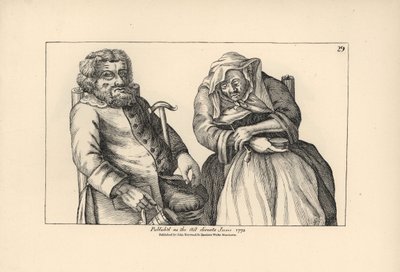 Az öreg Darby az üres korsóval és Joan a dohánypipájával. Rézmetszet Timothy Bobbin (John Collier) (1708-1786) szatirikus illusztrációja után a Human Passions Delineated, John Haywood, Manchester című kötetből alkotó: Unbekannter Künstler