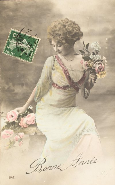 Régi képeslap/Boldog évet/Kívánság/Woman Belle Epoque alkotó: William M. Timlin