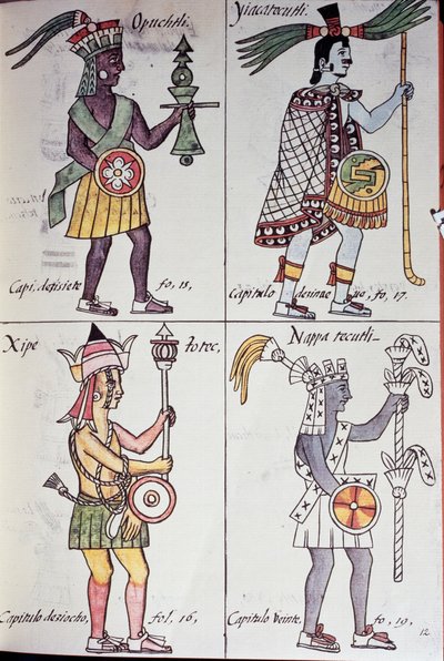 Opochtli, Xipe Totec, Yacatecuhtli és Nappatectli, oldal a firenzei kódexből, Az új Spanyolország dolgainak általános története, Azték alkotó: Benjamin Baud