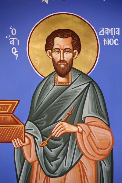 Ortodox templom Pedoulasban, Cipruson. Saint Damian freskó, 20150510, Pedoulas, Ciprus alkotó: Unbekannt