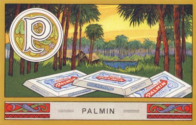 P: Palmin - Palmin ábécé. Kromolitográfiák sorozata, szerkesztette: H. Schlinck & Cie, Hamburg, p. d. . Palmin feinstes Cocosfett reklámja. Méretek: 7 x 11 cm alkotó: William M. Timlin