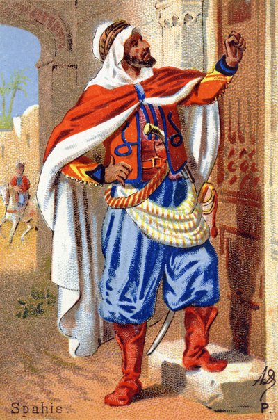 P: Spahis. Metszet "Katonai ábécé"-ben. Az illusztrátor kezdőbetűi: A. D. Ismeretlen kiadó. Kromolitográfia a 19. század végén. Mérete: 10,5x7 cm. alkotó: Unbekannt