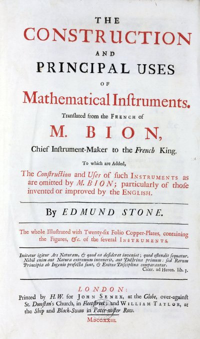 Nicolas Bion (1652-1933) matematikai műszerekről szóló könyvének címlapja, angol fordítás, az "angol fejlesztések" kiegészítésével, 1723-ban Londonban megjelent alkotó: Unbekannt