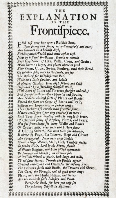 Címlap és verses magyarázat a „Systema agriculturae: a állattenyésztés rejtélye felfedezett” 4. kiadásához John Worlidge (aktív 1669-1698), 1697-ben Londonban. alkotó: Unbekannt