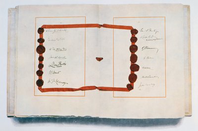A Versailles-i Szerződés oldala az aláírókkal, 1919. június 28. (tintával, papíron) alkotó: Unbekannt