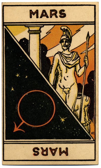 Paranormális. Asztrológia. Mars (bolygó). Asztrológiai kártya a következőtől: Le Tarot Astrologique (Asztrológiai Tarot), Georges Muchery, Franciaország alkotó: Unbekannter Künstler