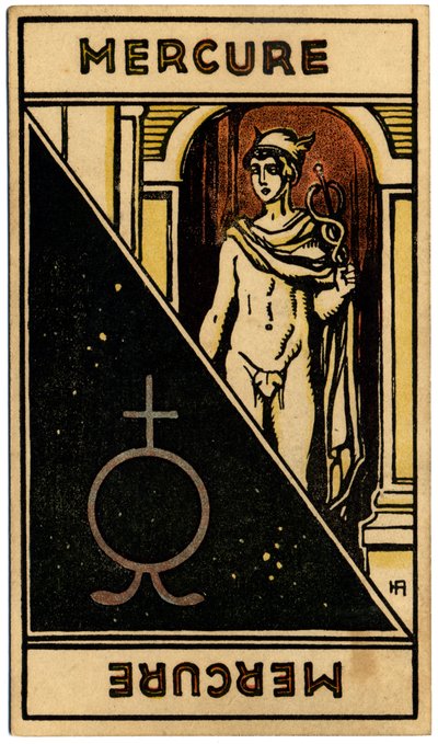 Paranormális. Asztrológia. Merkúr bolygó). Asztrológiai kártya a következőtől: Le Tarot Astrologique (Asztrológiai Tarot), Georges Muchery, Franciaország alkotó: Unbekannter Künstler