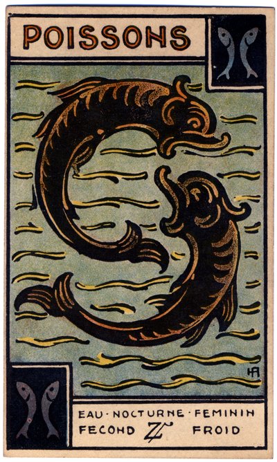 Paranormális. Asztrológia. Halak (a hal). Asztrológiai kártya a következőtől: Le Tarot Astrologique (Asztrológiai Tarot), Georges Muchery, Franciaország alkotó: Unbekannter Künstler
