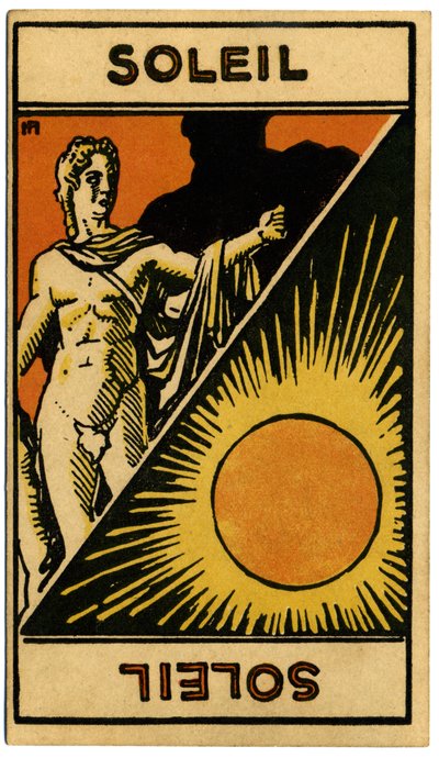 Paranormális. Asztrológia. A Nap (csillag). Asztrológiai kártya a következőtől: Le Tarot Astrologique (Asztrológiai Tarot), Georges Muchery, Franciaország alkotó: Unbekannter Künstler