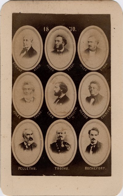Paris Commune (1871): a szocialista párt francia politikusainak portréja: balról jobbra és fentről lefelé: Etienne Arago, Jules Ferry, Jules Simon, Jules Favre, Leon Gambetta, hector Cremieux, Pelletan, Trochu és Rochefort. Nyomtatás kartonra alkotó: Unbekannt