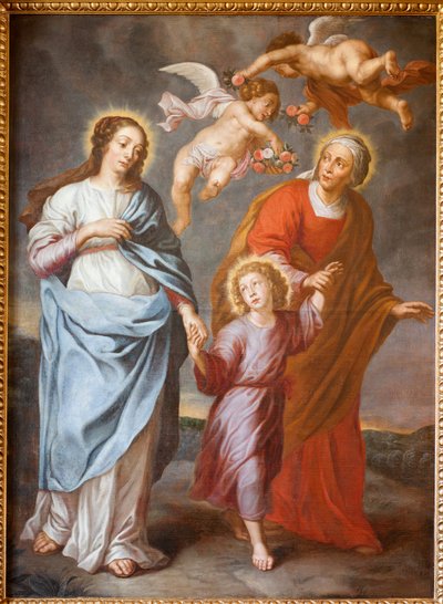 Plébániatemplom (Parochiale kerk Sint-Dionysius van Lede). Belső. Északi folyosó. Az oltár. Festmény. A Szent Család. alkotó: Unbekannter Künstler