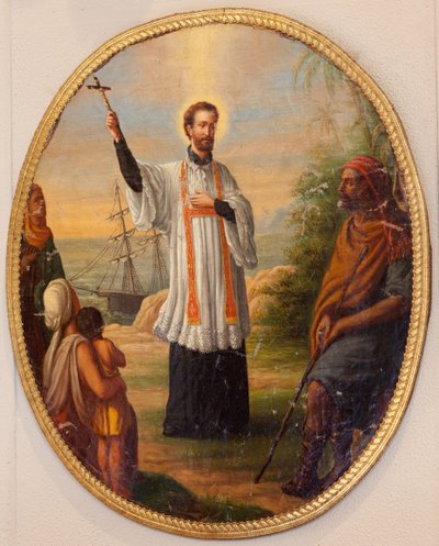 Plébániatemplom (Ledei Szent Dionüsziosz plébániai templom). Belső. Festmény ovális medalionként. Szent mint misszionárius. alkotó: Unbekannter Künstler