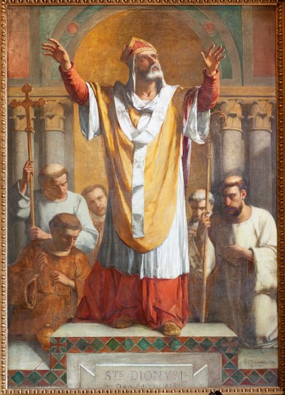 Plébániatemplom (Parochiale kerk Sint-Dionysius van Lede). Belső. Déli folyosó. Az oltár. Festmény. Szent Dénes. TheEodore-Joseph Canneel aláírása és dátuma: 1854. alkotó: Unbekannter Künstler