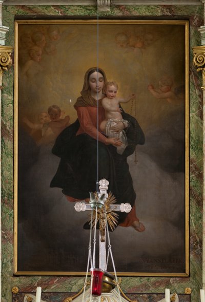 Plébániatemplom (Sint-Machutuskerk Wannegem). Belső. A főoltár. Festmény. Van Lanselaere aláírása 1844. alkotó: Unbekannter Künstler