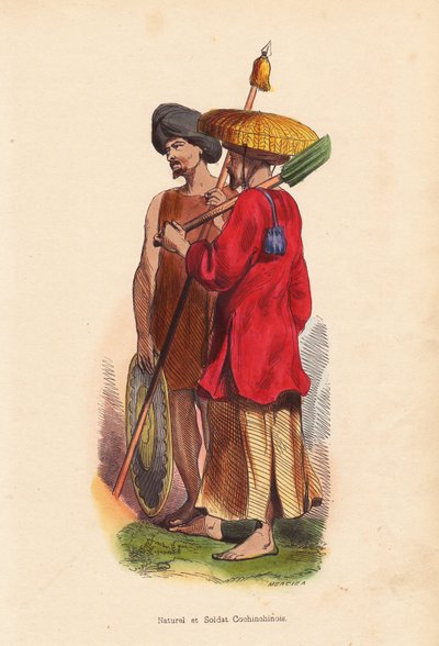 Paraszt és katona Cochinchinois (Vietnam) - Vietnam (Cochinchine) emberei: katona turbánnal, pajzzsal és lándzsával, paraszt szalmakalapban, tunikában és ásóval - Mercier kézi fametszete a "Moeurs, Uses et Costumes de tous les Peuples du Monde, As alkotó: Unbekannter Künstler