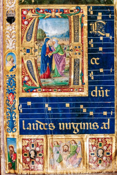 Piccolomini Könyvtár: Kóruskönyv, cod. 14.P., ff. 2r „Mária és Szent Mária látogatásával”. Erzsébet, Giovanni di Giuliano Boccarditól, akit Boccardino az idősebbnek hívnak. Részlet. alkotó: Unbekannter Künstler