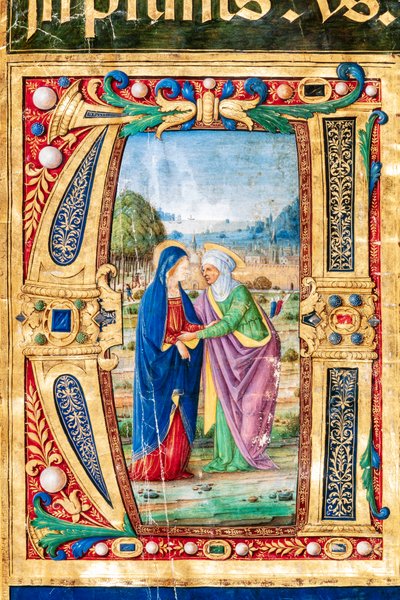 Piccolomini Könyvtár: Kóruskönyv, cod. 14.P., ff. 2r „Mária és Szent Mária látogatásával”. Erzsébet, Giovanni di Giuliano Boccarditól, akit Boccardino az idősebbnek hívnak. Részlet. alkotó: Unbekannter Künstler