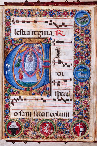 Piccolomini Könyvtár: Kóruskönyv, cod. 15.Q., ff. 64r a „Szűz mennybemenetelével”, Guidoccio Cozzarelli és Bernardino Cignoni. alkotó: Unbekannter Künstler