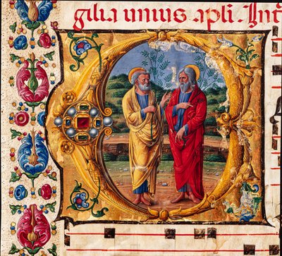 Piccolomini Könyvtár: kóruskönyv, cod. 16.1, ff. 2r „Két apostollal”, Girolamo da Cremona. Részlet. alkotó: Unbekannter Künstler