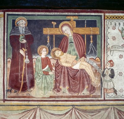 Pieta Szent Antal apáttal, freskó, Homo Salvadego múzeum, Sacco, Cosio Valtellino, Lombardia, Olaszország alkotó: Benjamin Baud