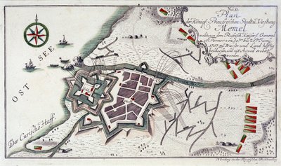 Memel (a mai Klaipeda, Litvánia) terve a város feladásakor, 1757. június 27. és július 5. között. Vizes metszet 1764-es színekben. alkotó: Unbekannter Künstler