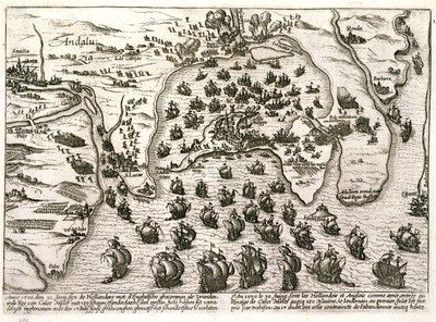 Cadizi kikötő terve 1596-ban, Sir Walter Raleigh támadása idején (metszet) alkotó: Unbekannter Künstler