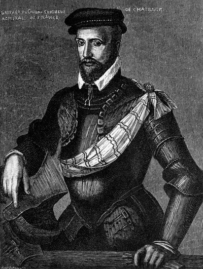 Gaspard de Coligny, Seigneur de Chatillon (1519-1572), francia nemes, admirális és a francia vallásháborúk hugenotta vezetőjének portréja, metszet alkotó: William M. Timlin