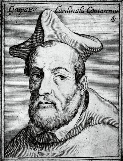 Gasparo Contarini (1483-1542), olasz bíboros és püspök portréja, metszet az Illustrissimorum, omnique virtutis, et scientiarum laude praestantissimoru virorum icones című kötetből, készítette Claudius Pernetus. alkotó: William M. Timlin